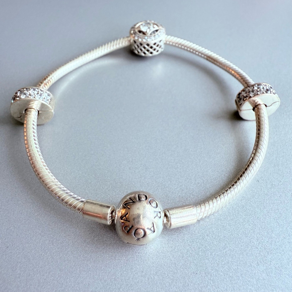 Pandora Sterling Silver 925 ALE Cable Bracelet Allure 2 Pave Clip Charms Retired - Picture 4 of 8